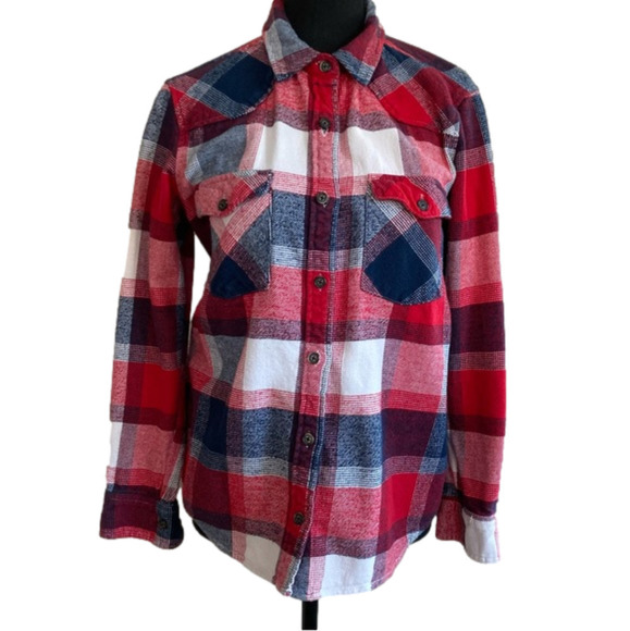 Forever 21 red, blue and white plaid flannel button down shirt. Size S - Picture 1 of 6